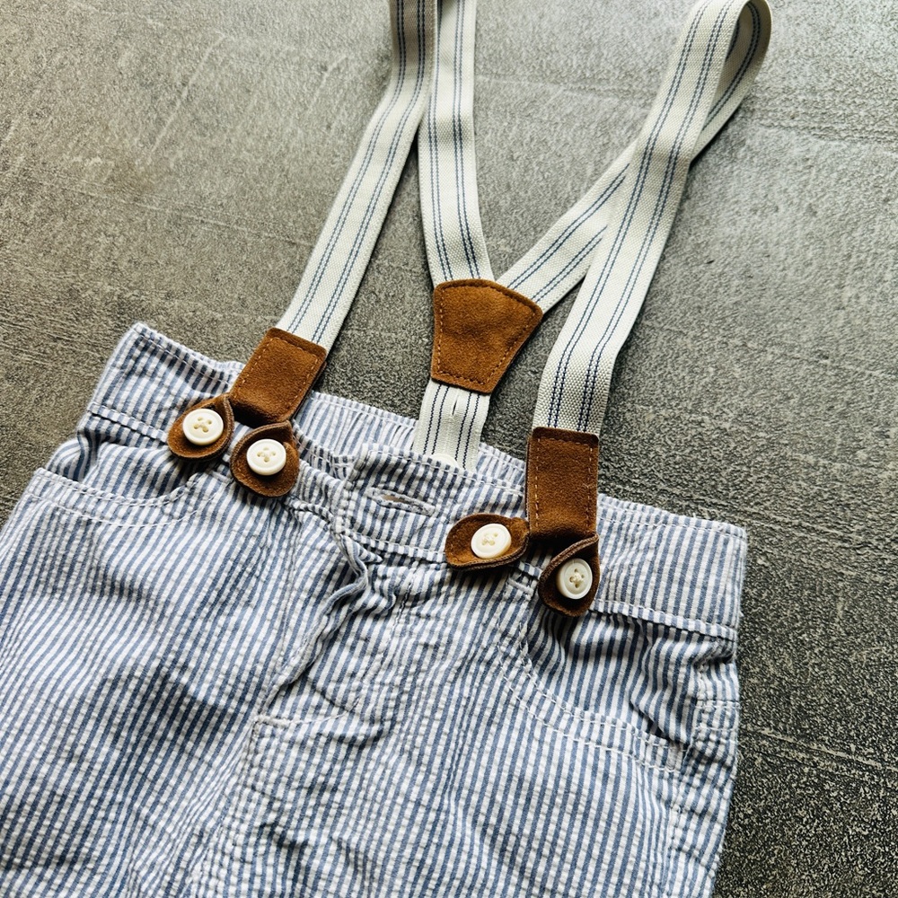 Blue & White Pinstripe Kids Overalls with Brown Faux-Leather Suspenders - Picture 2 of 5